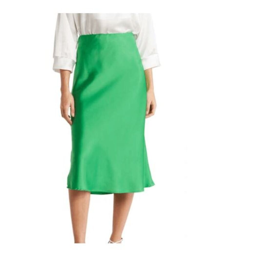 Renee C. solid Satin Midi Skirt Emerald Green Elastic Waist Size Medium